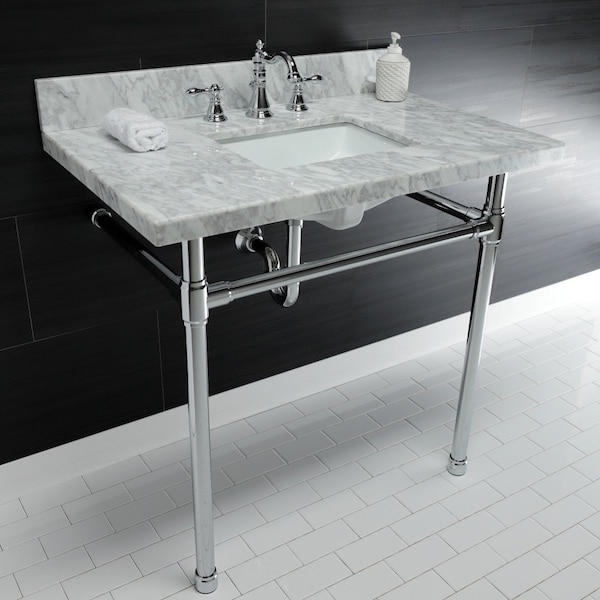 KVPB36M8SQ1ST 36 Carrara Marble Vanity Top With Stainless Steel Legs, Marble White/Polished Chrome